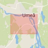 Karta som med röd fyrkant ramar in Umeå, Västra Esplanaden, Tegsvägen, Ersmarksvägen, Skellefteå, Västerbottens län