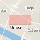Karta som med röd fyrkant ramar in Storgatan, Umeå, Västra Norrlandsgatan, Tomtebo, Västerbottens län