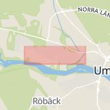 Karta som med röd fyrkant ramar in Backenvägen, Umeå, Jomarksvägen, Robertsfors, Stöcksjö, Ansmark, Västerbottens län