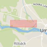 Karta som med röd fyrkant ramar in Grubbe, Backenvägen, Kyrkhamnsvägen, Umeå, Västerbottens län
