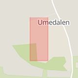 Karta som med röd fyrkant ramar in Umedalen, Aktrisgränd, Umeå, Västerbottens län