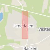 Karta som med röd fyrkant ramar in Västerbotten, Brännland, Umeå, Umedalsallén, Umedalen, Storuman, Solbacken, Skellefteå, Västerbottens län