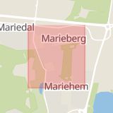Karta som med röd fyrkant ramar in Mariedal, Morkullevägen, Umeå, Västerbottens län