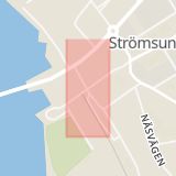 Karta som med röd fyrkant ramar in Järnvägsgatan, Kyrkgatan, Strömsund, Jämtlands län