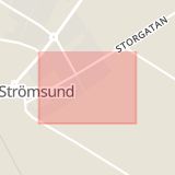 Karta som med röd fyrkant ramar in Strömsund, Myrgatan, Östersund, Jämtlands län