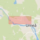 Karta som med röd fyrkant ramar in Vännäsvägen, Umedalen, Tjälamark, Håkmark, Umeå, Västerbottens län
