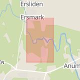 Karta som med röd fyrkant ramar in Gamla Ersbodavägen, Ersmark, Umeå, Västerbottens län