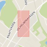 Karta som med röd fyrkant ramar in Fabriksgatan, Vilhelminavägen, Lycksele, Västerbottens län