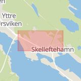 Karta som med röd fyrkant ramar in Västerbotten, Östergård, Vännäs, Åsele, Ursviksgatan, Skelleftehamn, Skellefteå, Granö, Vindeln, Västerbottens län
