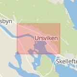 Karta som med röd fyrkant ramar in Västerbotten, Järnvägsallén, Umeå, Skelleftehamnsvägen, Ursviken, Skellefteå, Bygdeå, Ystarvägen, Västerbottens län
