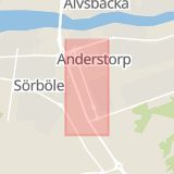 Karta som med röd fyrkant ramar in Gymnasievägen, Anderstorp, Skellefteå, Västerbottens län