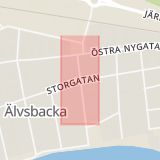 Karta som med röd fyrkant ramar in Älvsbacka, Storgatan, Skellefteå, Västerbottens län