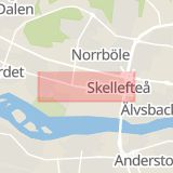 Karta som med röd fyrkant ramar in Kanalgatan, Skellefteå Centrum, Stöcksjö, Stöcke, Bussjön, Västerbottens län