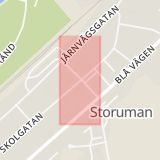 Karta som med röd fyrkant ramar in Stationsgatan, Storuman, Västerbottens län
