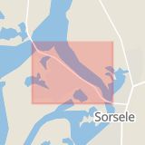 Karta som med röd fyrkant ramar in Strandvägen, Sorsele, Västerbottens län
