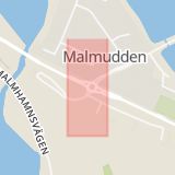 Karta som med röd fyrkant ramar in Malmudden, Hertsön, Skurholmen, Norrbottens län