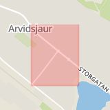 Karta som med röd fyrkant ramar in Stationsgatan, Arvidsjaur, Norrbottens län