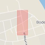 Karta som med röd fyrkant ramar in Brogatan, Kyrkgatan, Boden, Norrbottens län