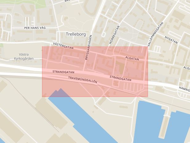 Karta som med röd fyrkant ramar in Strandgatan, Trelleborg, Skåne län