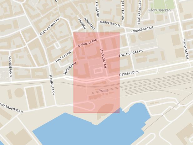 Karta som med röd fyrkant ramar in Sankt Knuts Torg, Ystad, Skåne län
