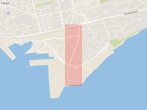 Karta som med röd fyrkant ramar in Södra Dragongatan, Ystad, Skåne län