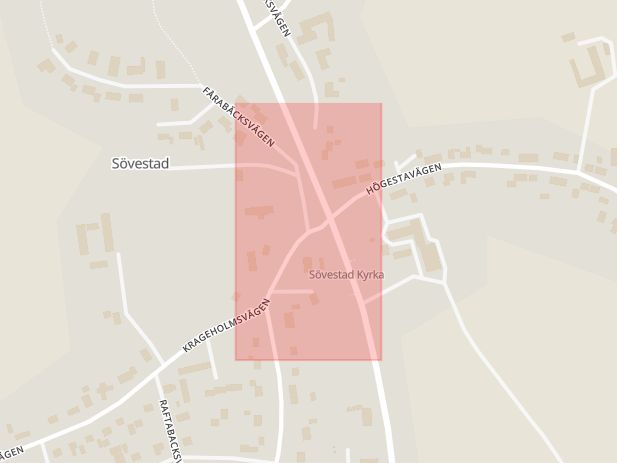 Karta som med röd fyrkant ramar in Sövestad, Ystad, Skåne län