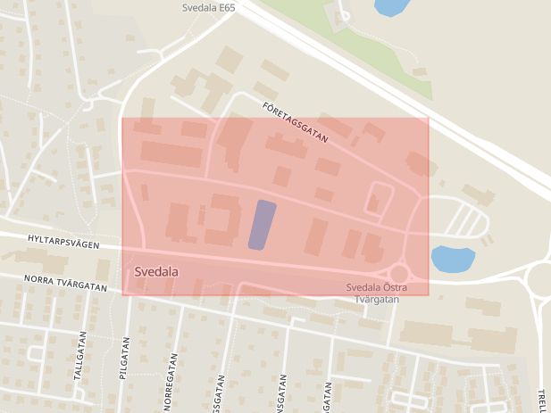 Karta som med röd fyrkant ramar in Verkstadsgatan, Svedala, Skåne län