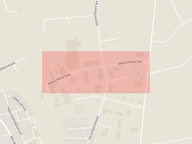Karta som med röd fyrkant ramar in Industrigatan, Tomelilla, Skåne län