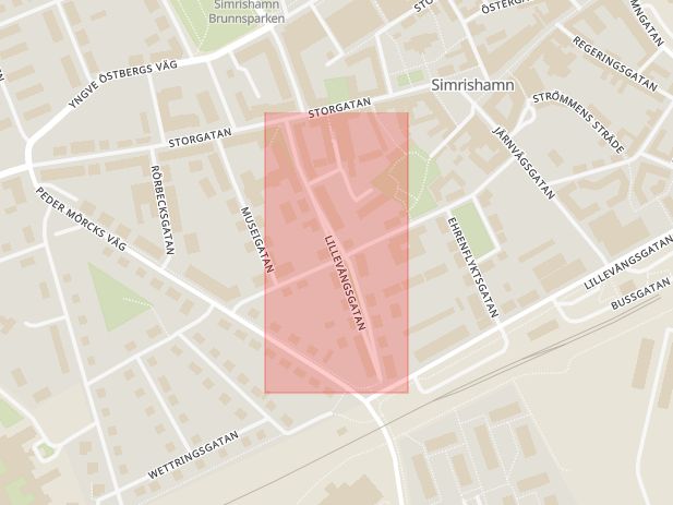 Karta som med röd fyrkant ramar in Lillevångsgatan, Simrishamn, Skåne län