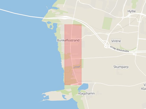 Karta som med röd fyrkant ramar in Bunkeflostrand, Klagshamnsvägen, Malmö, Skåne län
