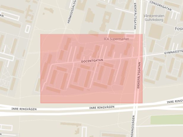 Karta som med röd fyrkant ramar in Docentgatan, Vika, Malmö, Skåne län
