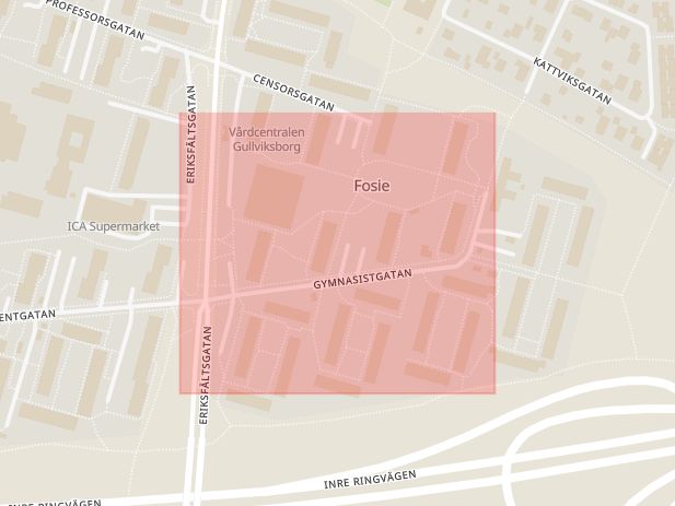 Karta som med röd fyrkant ramar in Gymnasistgatan, Malmö, Skåne län