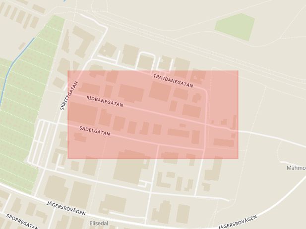 Karta som med röd fyrkant ramar in Husie, Ridbanegatan, Malmö, Skåne län