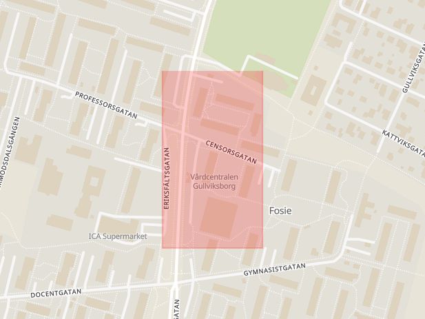 Karta som med röd fyrkant ramar in Censorsgatan, Gymnasistgatan, Malmö, Skåne län