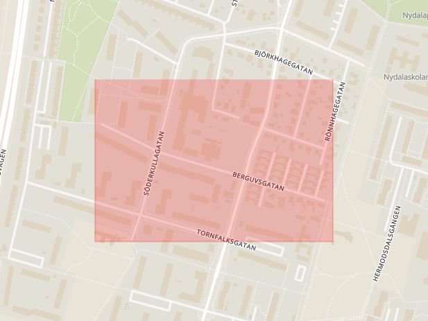 Karta som med röd fyrkant ramar in Berguvsgatan, Malmö, Skåne län