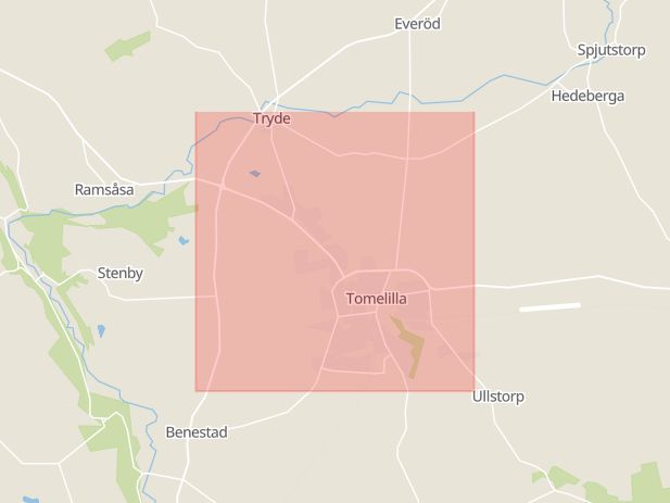 Karta som med röd fyrkant ramar in Tomelilla Kommun, Tomelilla, Skåne län