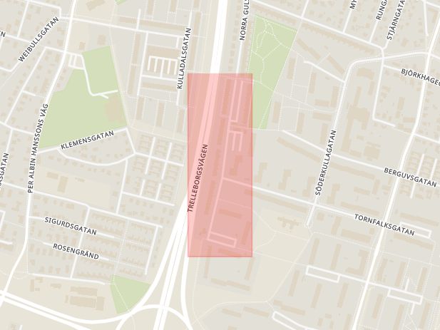 Karta som med röd fyrkant ramar in Söderkulla, Södra Gulsparvsgatan, Malmö, Skåne län