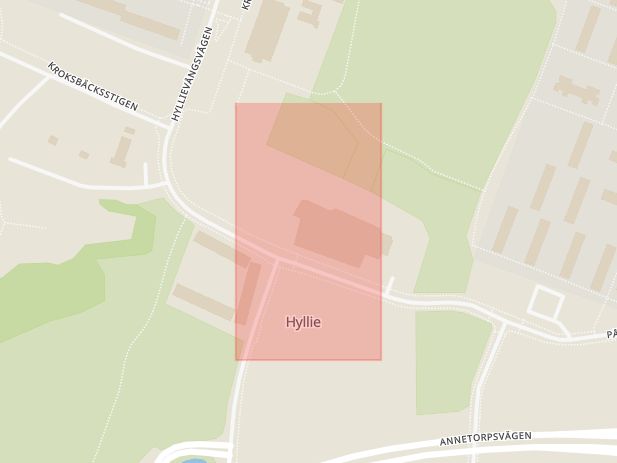 Karta som med röd fyrkant ramar in Hylliebadet, Hyllievångsvägen, Malmö, Skåne län