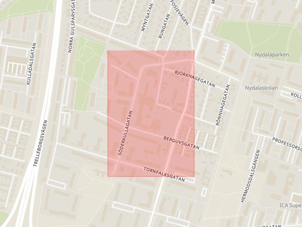 Karta som med röd fyrkant ramar in Söderkulla, Söderkullagatan, Malmö, Skåne län