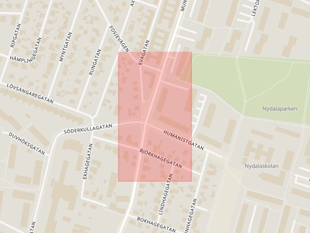 Karta som med röd fyrkant ramar in Nydala, Fosievägen, Munkhättegatan, Malmö, Skåne län