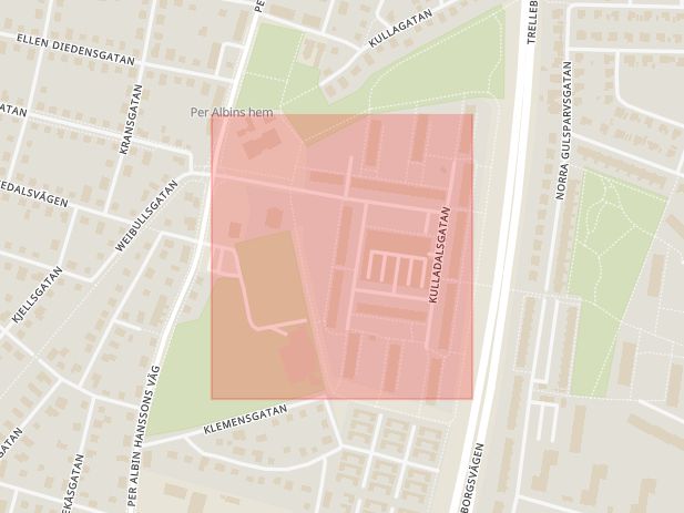 Karta som med röd fyrkant ramar in Kulladal, Kulladalsgatan, Malmö, Skåne län