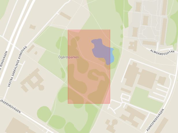 Karta som med röd fyrkant ramar in Ögårdsparken, Malmö, Skåne län