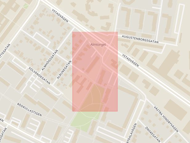 Karta som med röd fyrkant ramar in Almtorget, Nydalatorget, Malmö, Skåne län
