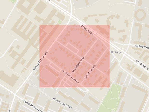 Karta som med röd fyrkant ramar in Ärenprisgatan, Malmö, Skåne län