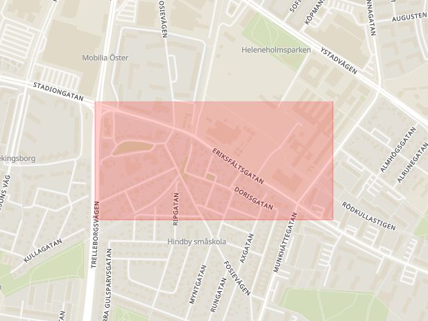 Karta som med röd fyrkant ramar in Heleneholm, Eriksfältsgatan, Malmö, Skåne län