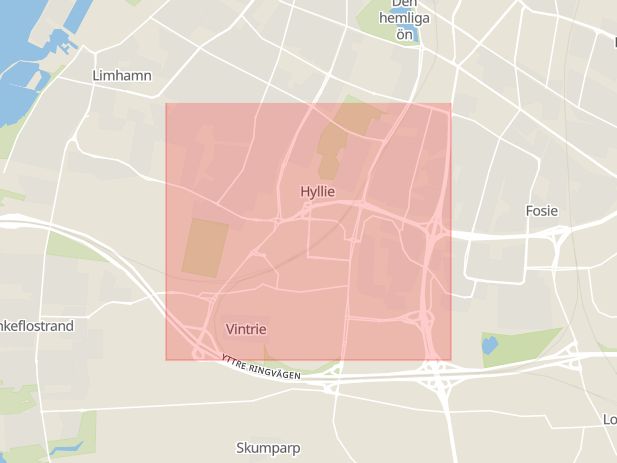 Karta som med röd fyrkant ramar in Hyllie, Ronneby, Malmö, Skåne län