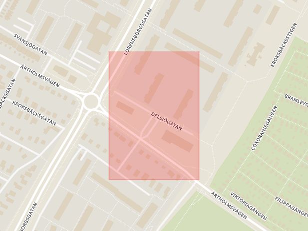 Karta som med röd fyrkant ramar in Delsjögatan, Malmö, Skåne län