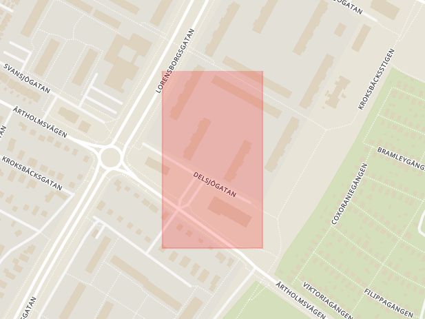 Karta som med röd fyrkant ramar in Bellevuegården, Stensjögatan, Malmö, Skåne län