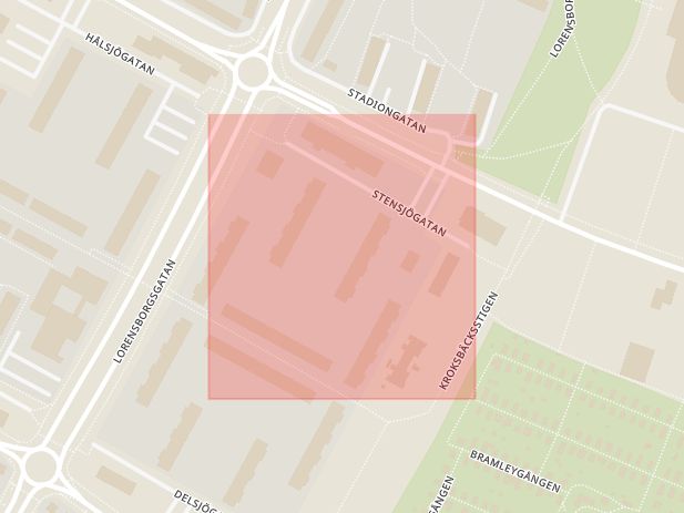 Karta som med röd fyrkant ramar in Stensjögatan, Malmö, Skåne län