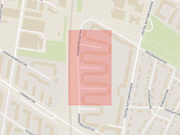 Karta som med röd fyrkant ramar in Björneborgsgatan, Rosengård, Malmö, Skåne län